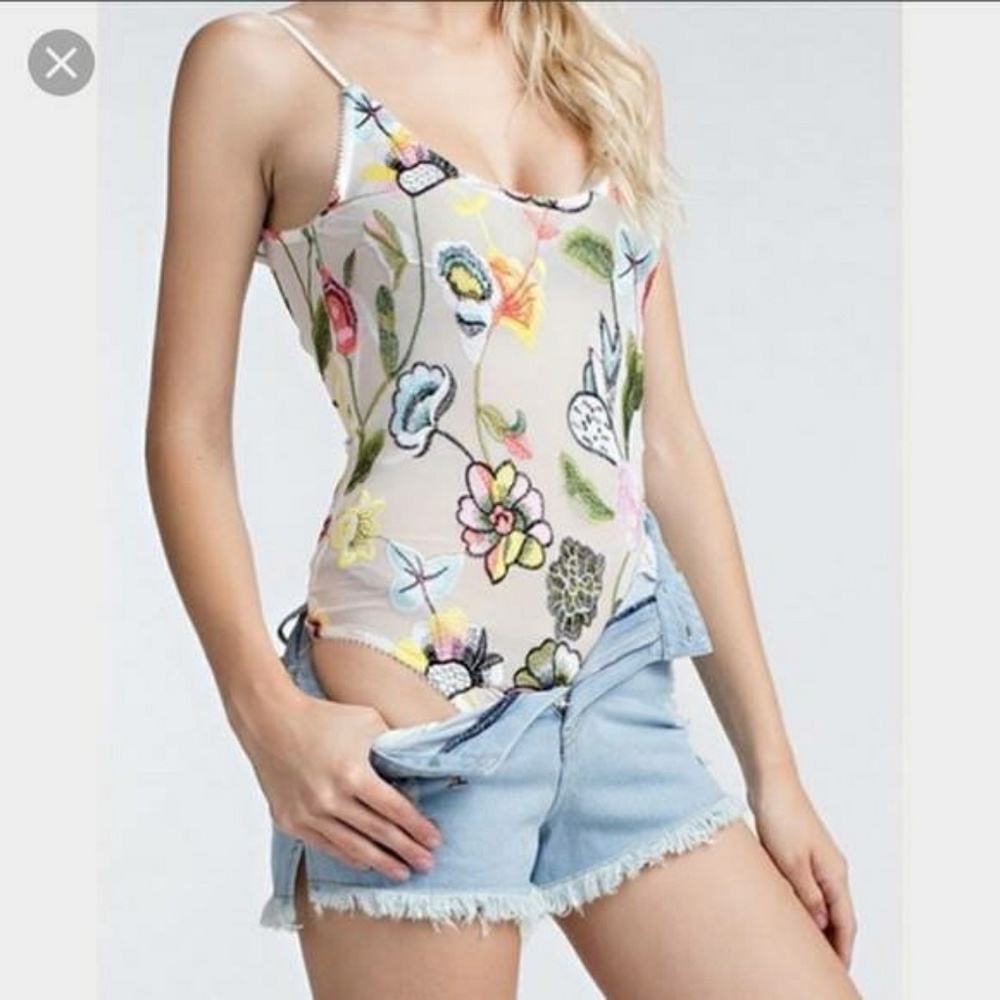 Embroidered ivory mesh body suit